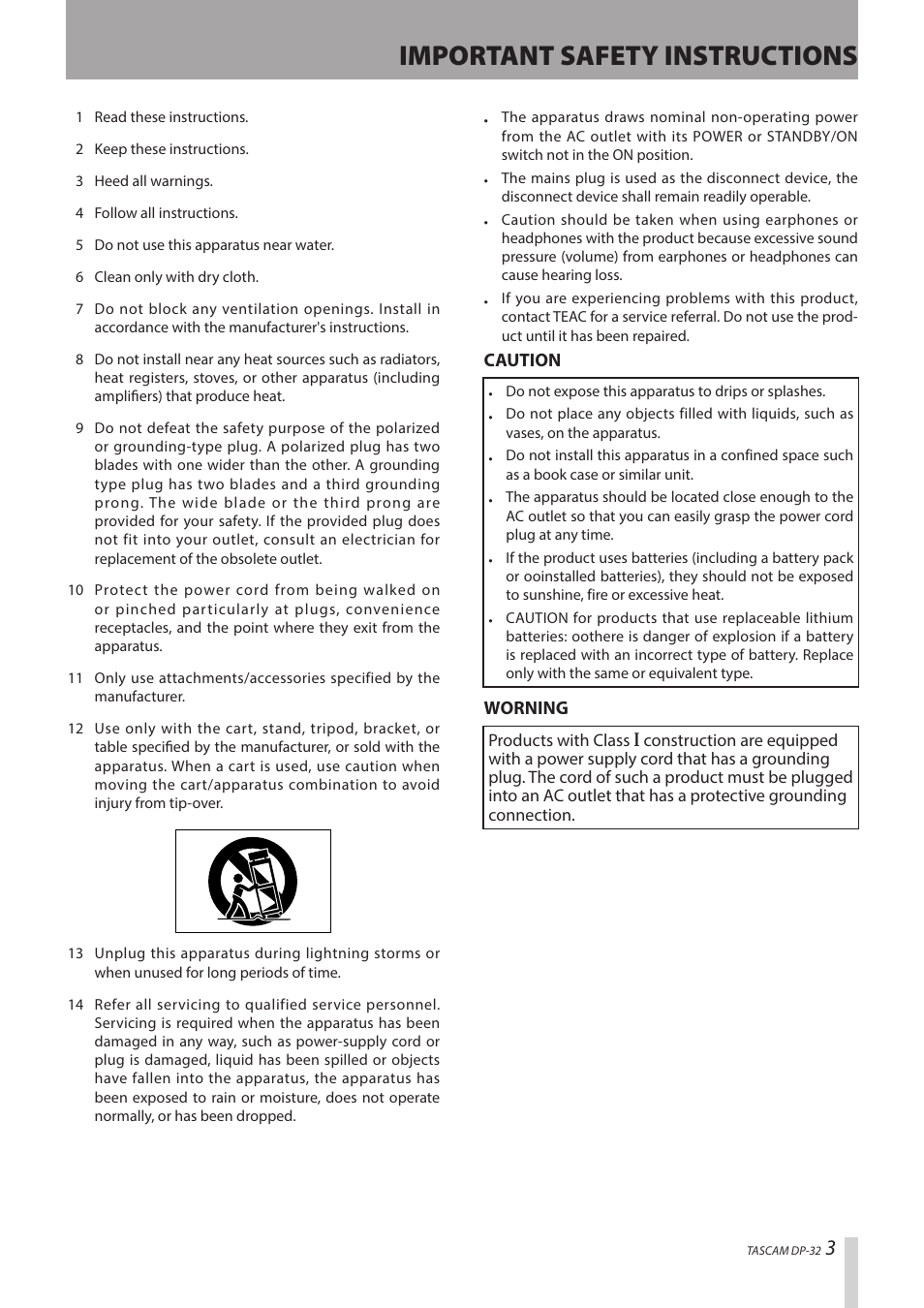 Important safety instructions | Teac DP-32 User Manual | Page 3 / 104