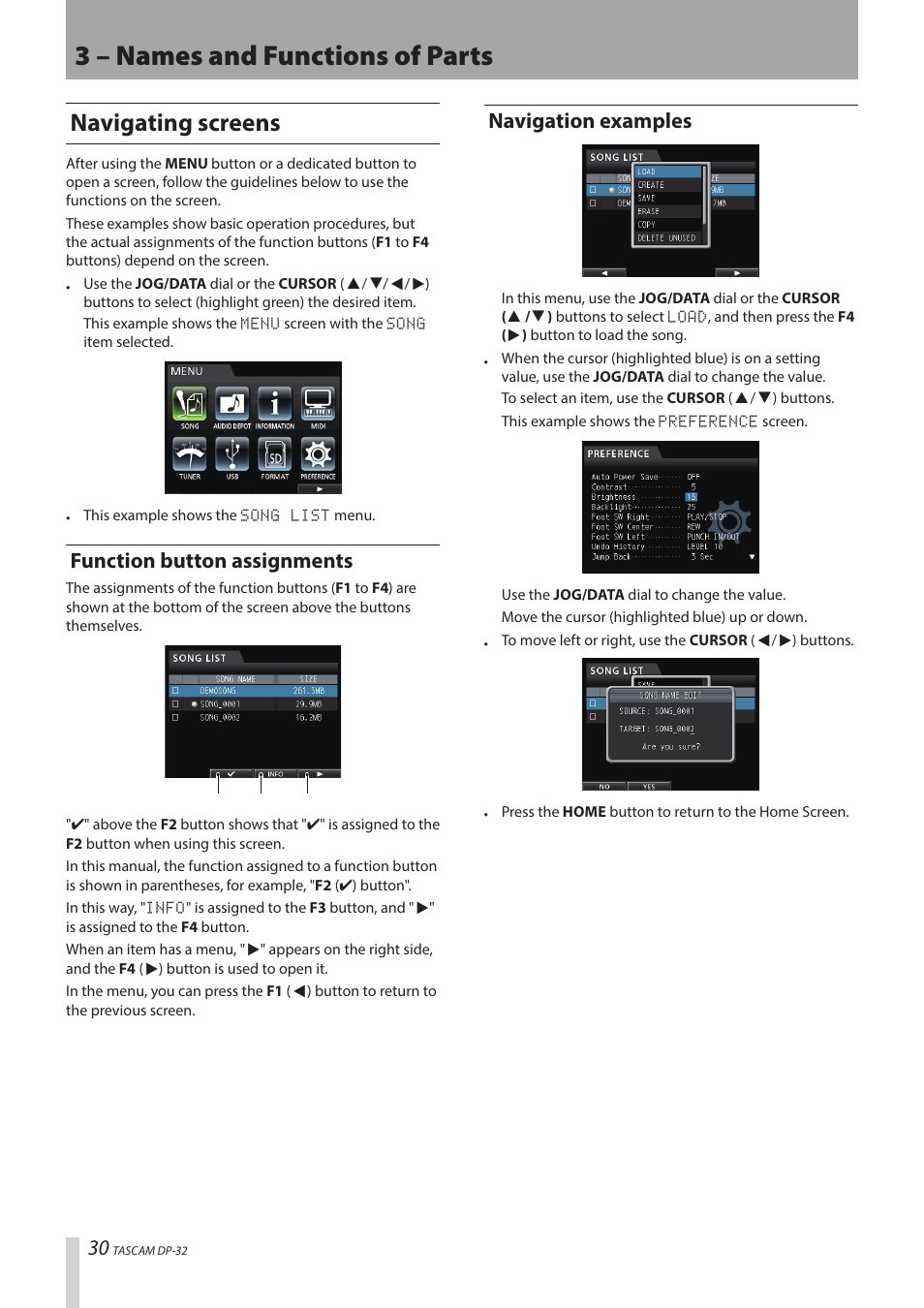 3 – names and functions of parts, Navigating screens, Function button assignments | Navigation examples | Teac DP-32 User Manual | Page 30 / 104