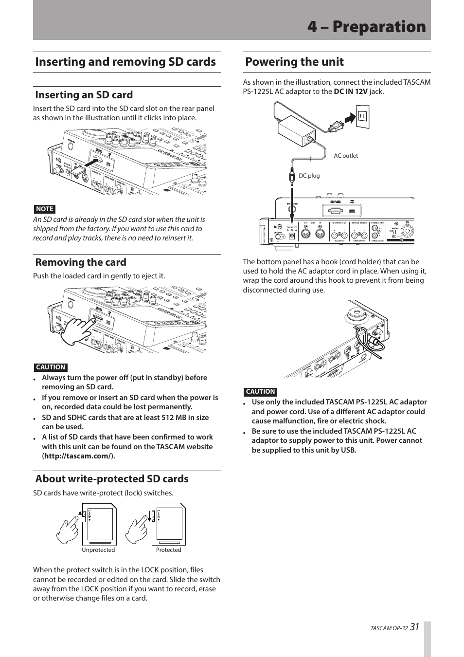 4 – preparation, Inserting and removing sd cards, Powering the unit | Inserting an sd card, Removing the card, About write-protected sd cards | Teac DP-32 User Manual | Page 31 / 104