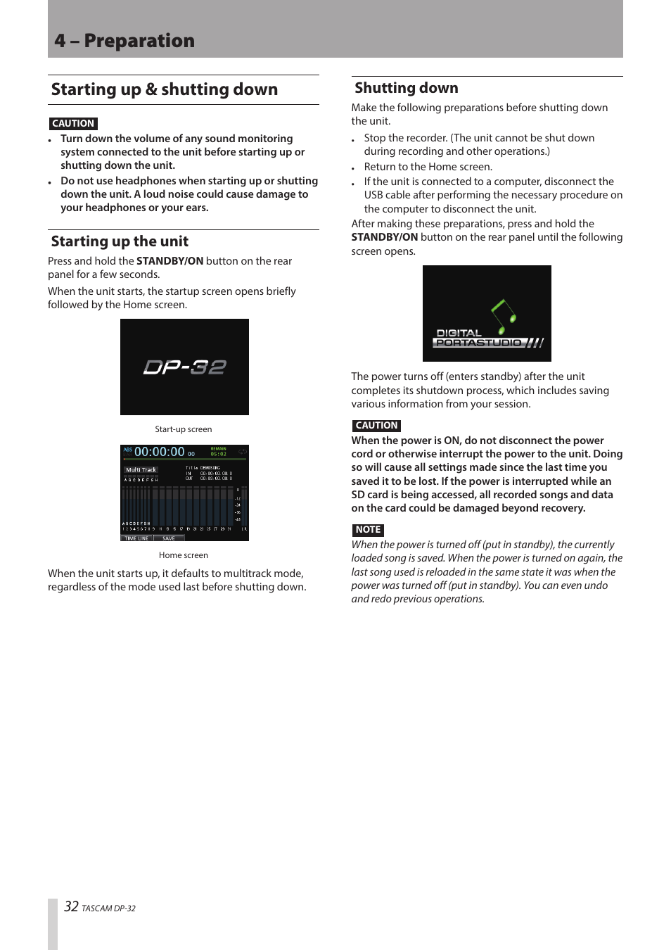 4 – preparation, Starting up & shutting down, Starting up the unit | Shutting down | Teac DP-32 User Manual | Page 32 / 104