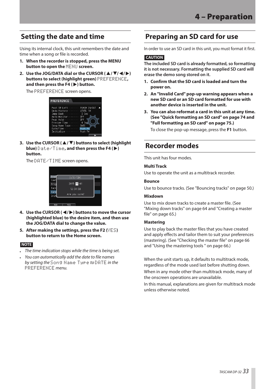 4 – preparation, Setting the date and time, Preparing an sd card for use | Recorder modes | Teac DP-32 User Manual | Page 33 / 104