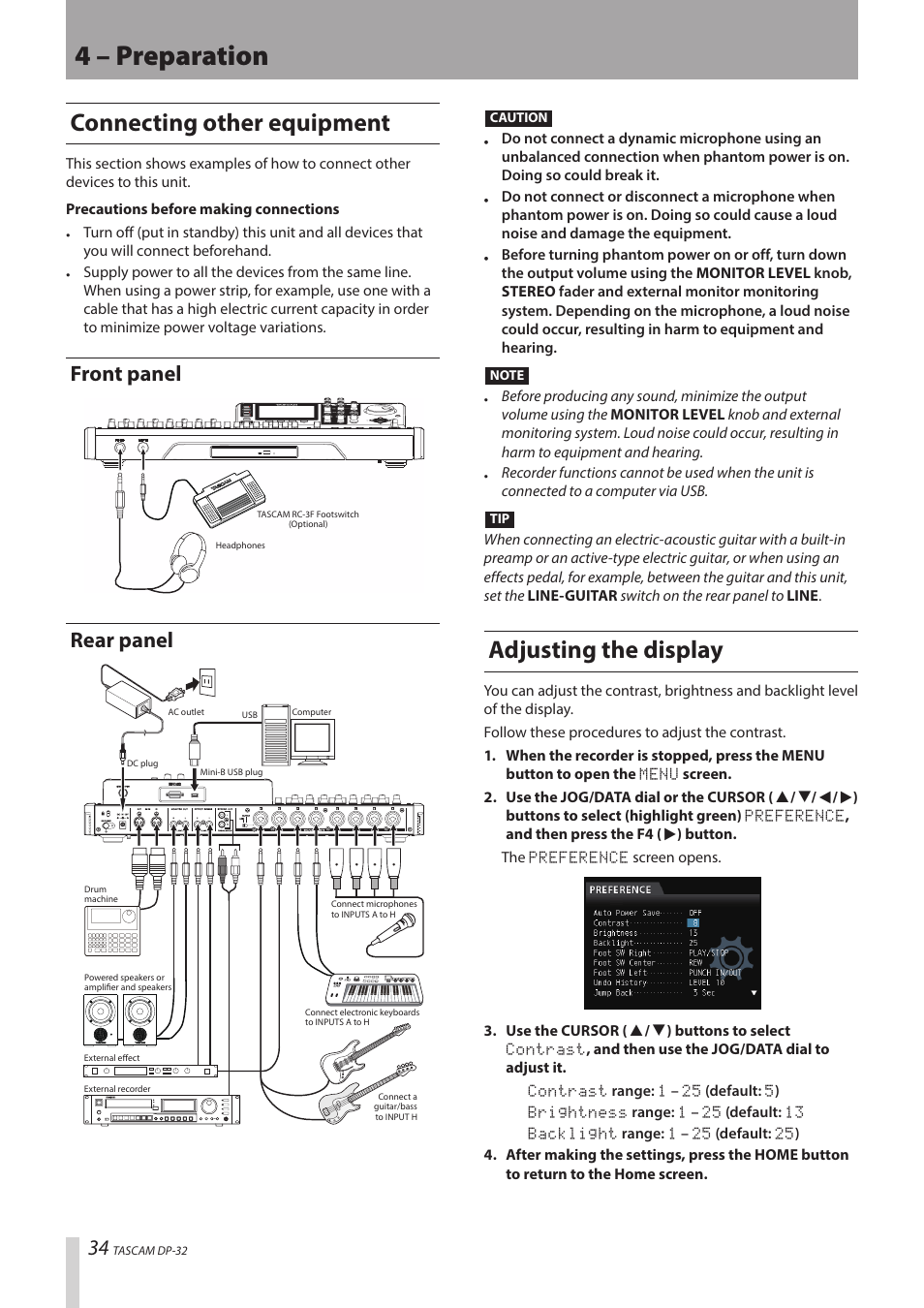 4 – preparation, Connecting other equipment, Adjusting the display | Front panel, Rear panel | Teac DP-32 User Manual | Page 34 / 104