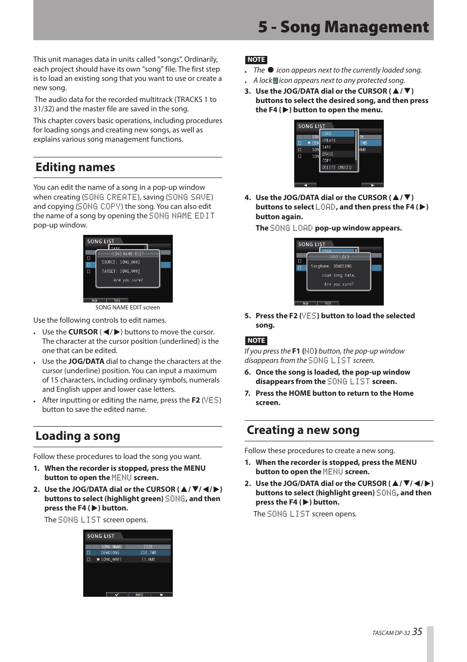 5 - song management, Creating a new song, Editing names | Loading a song | Teac DP-32 User Manual | Page 35 / 104