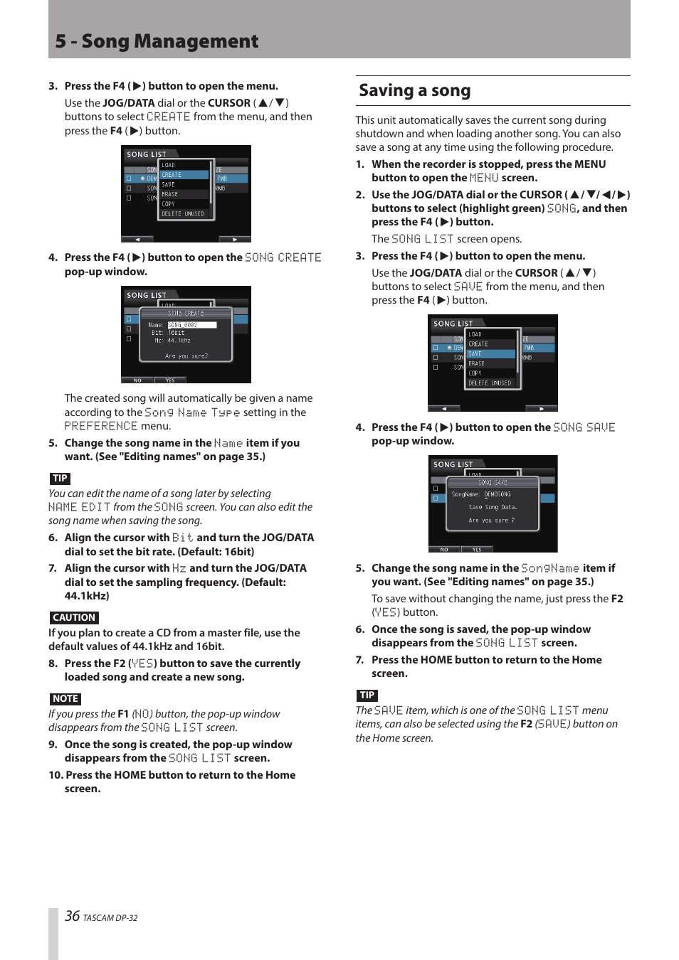 5 - song management, Saving a song | Teac DP-32 User Manual | Page 36 / 104