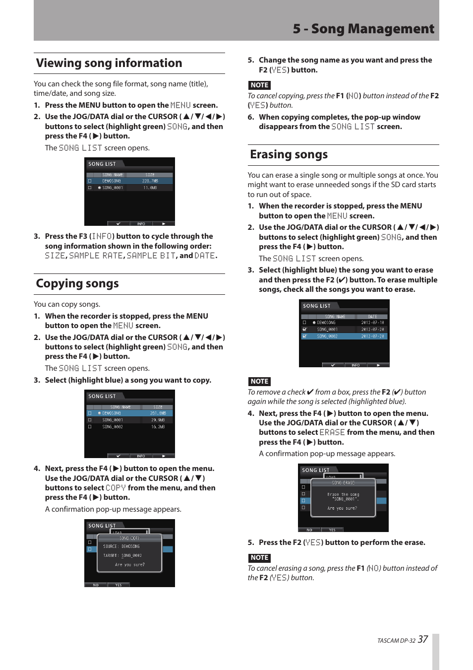 5 - song management, Erasing songs, Viewing song information | Copying songs | Teac DP-32 User Manual | Page 37 / 104