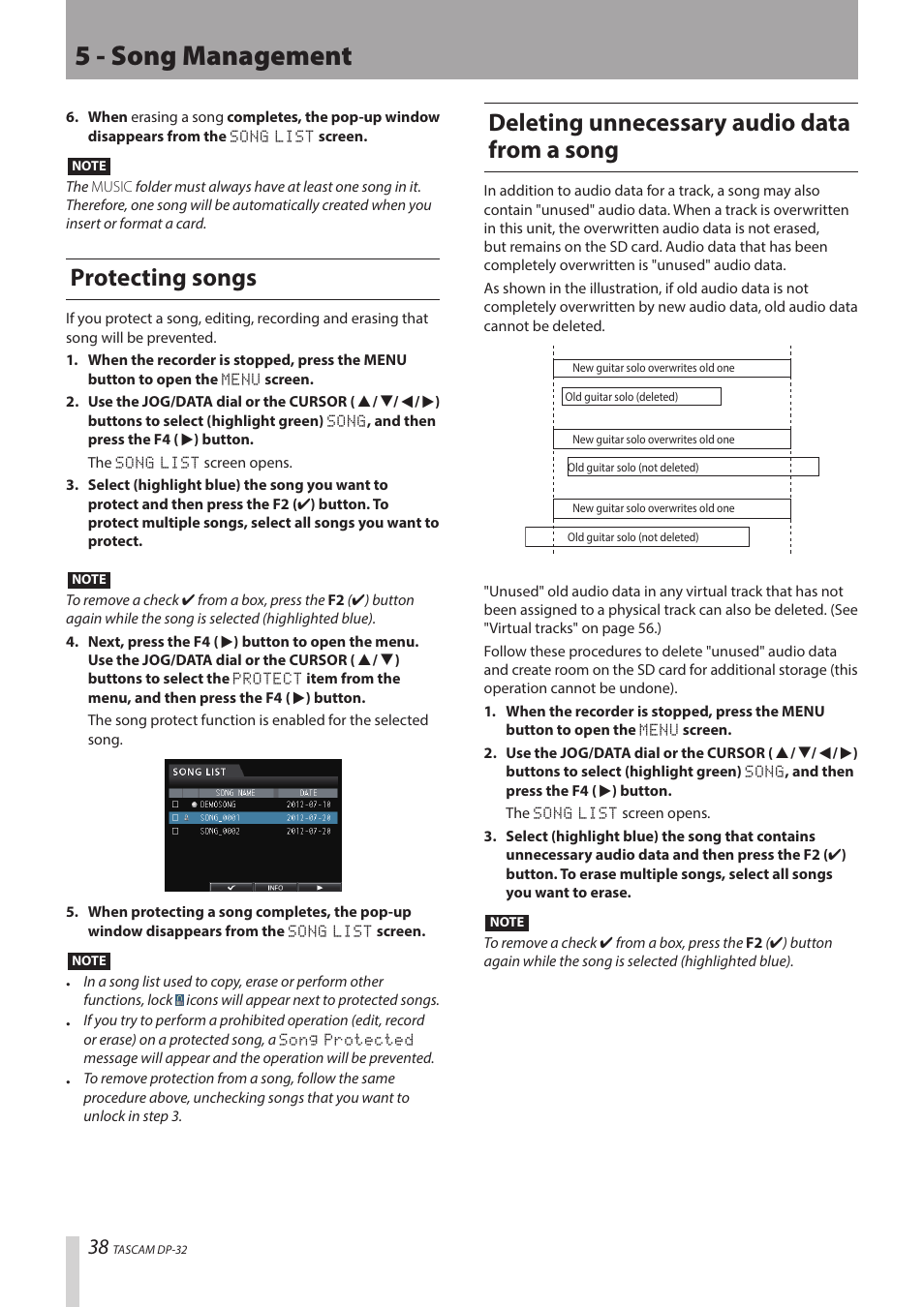 5 - song management, Protecting songs, Deleting unnecessary audio data from a song | Teac DP-32 User Manual | Page 38 / 104