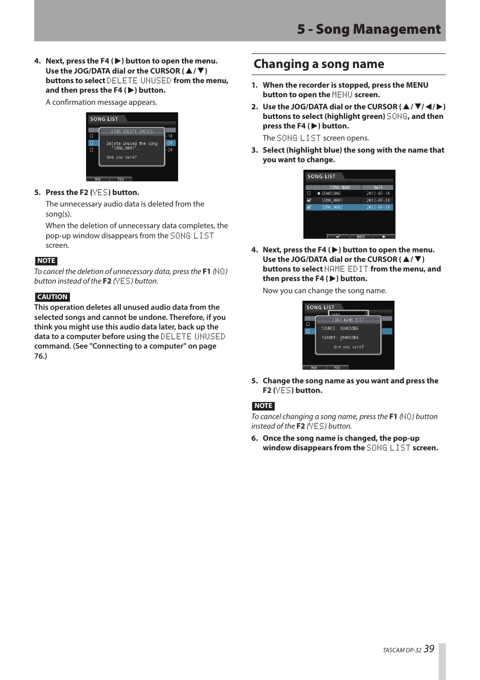 5 - song management, Changing a song name | Teac DP-32 User Manual | Page 39 / 104