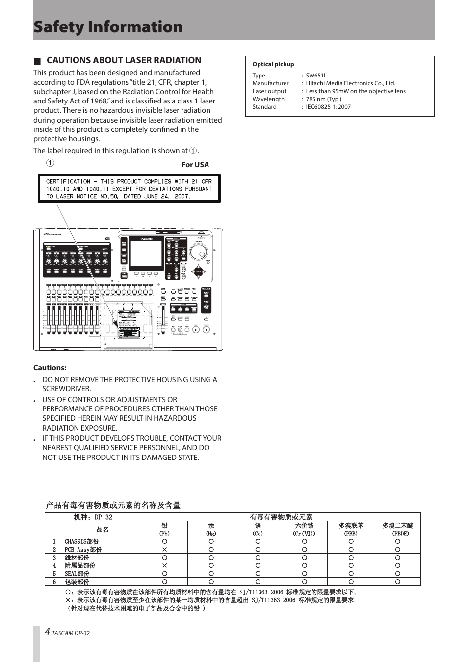 Safety information | Teac DP-32 User Manual | Page 4 / 104