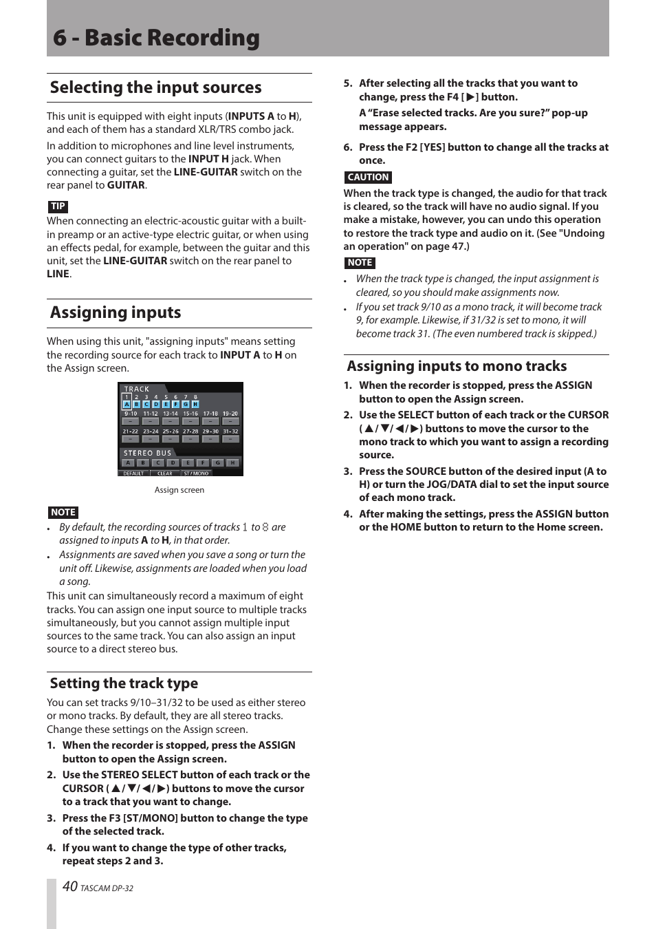 6 - basic recording, Selecting the input sources, Assigning inputs | Assigning inputs to mono tracks, Setting the track type | Teac DP-32 User Manual | Page 40 / 104