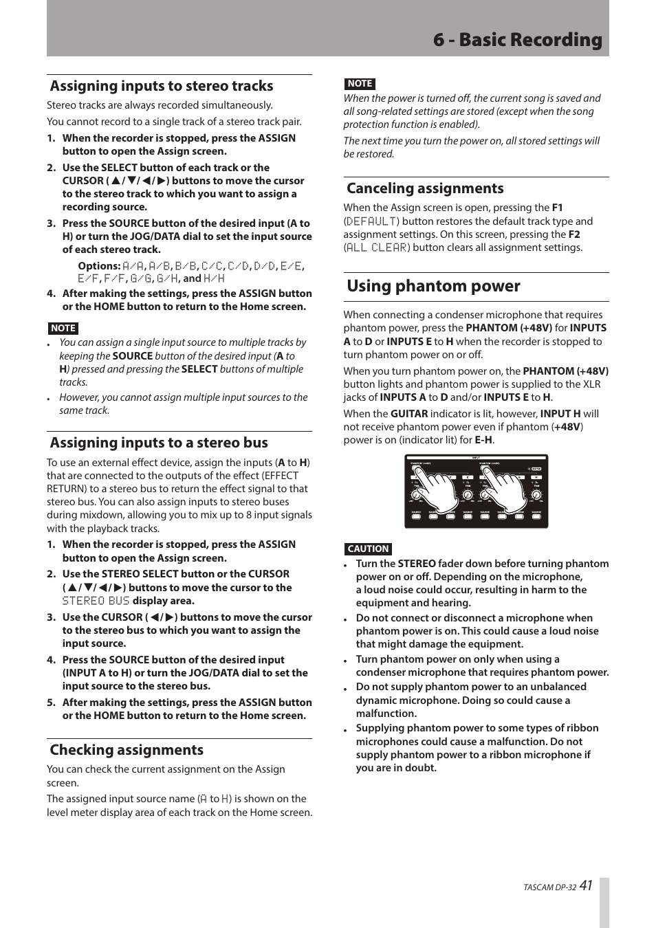 6 - basic recording, Using phantom power, 41 assigning inputs to stereo tracks | Assigning inputs to a stereo bus, Checking assignments, Canceling assignments | Teac DP-32 User Manual | Page 41 / 104