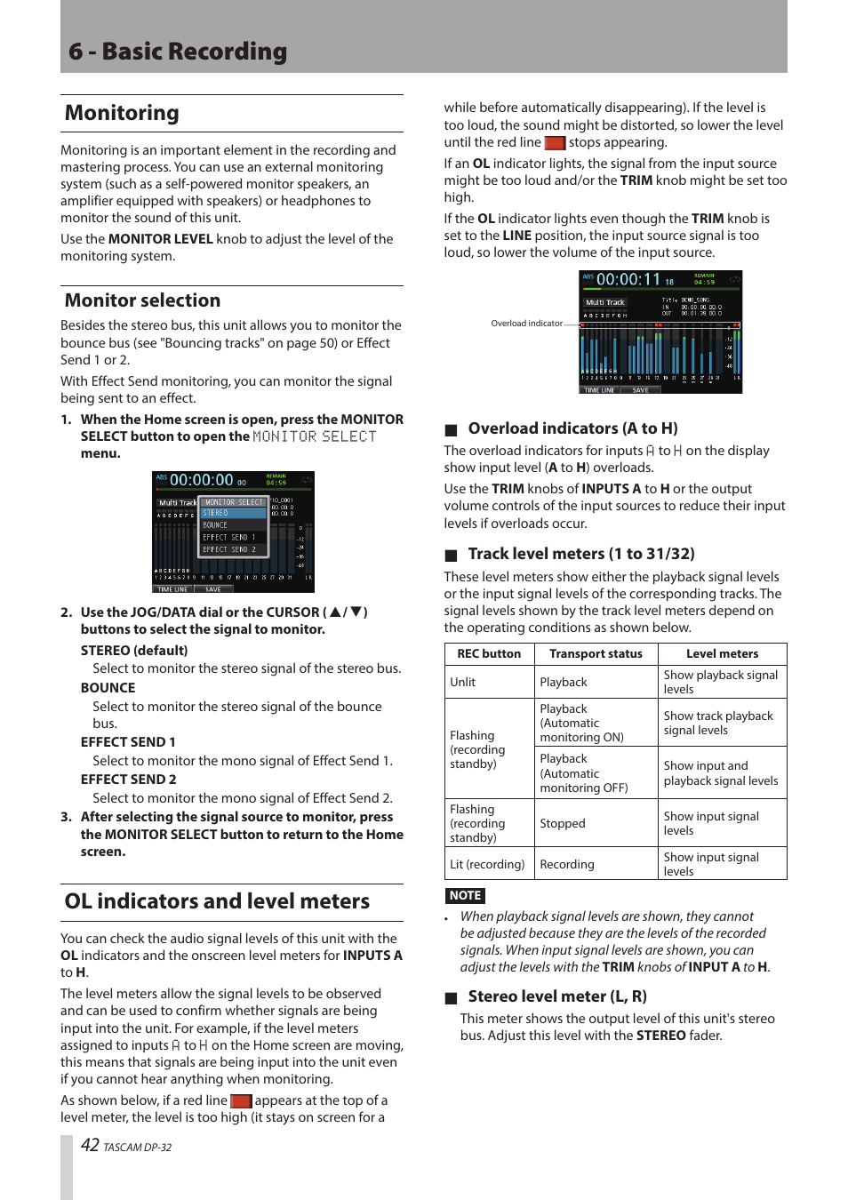 6 - basic recording, Monitoring, Ol indicators and level meters | Monitor selection | Teac DP-32 User Manual | Page 42 / 104