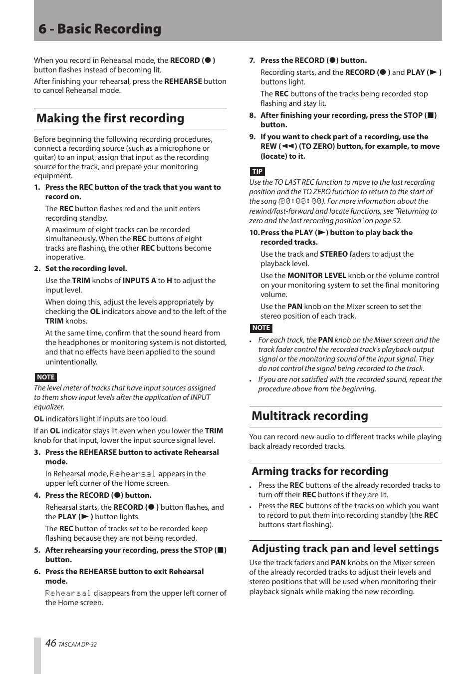 6 - basic recording, Making the first recording, Multitrack recording | Arming tracks for recording, Adjusting track pan and level settings | Teac DP-32 User Manual | Page 46 / 104