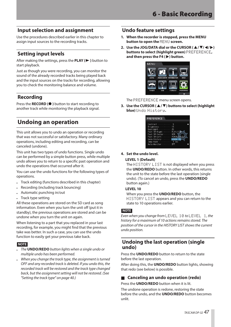 6 - basic recording, Undoing an operation, Input selection and assignment | Setting input levels, Recording, Undo feature settings, Undoing the last operation (single undo) | Teac DP-32 User Manual | Page 47 / 104