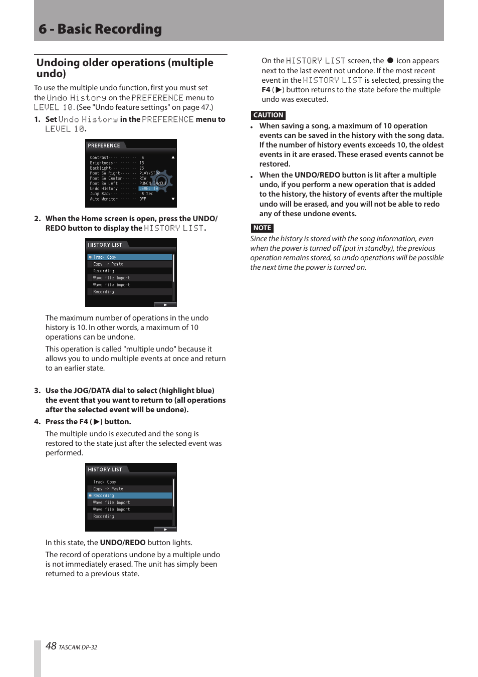 6 - basic recording, Undoing older operations (multiple undo) | Teac DP-32 User Manual | Page 48 / 104