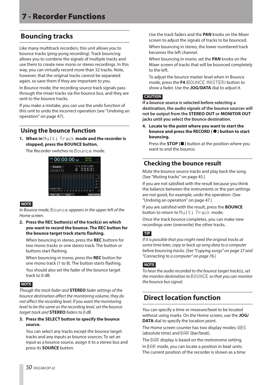 7 - recorder functions, Bouncing tracks, Direct location function | Using the bounce function, Checking the bounce result | Teac DP-32 User Manual | Page 50 / 104