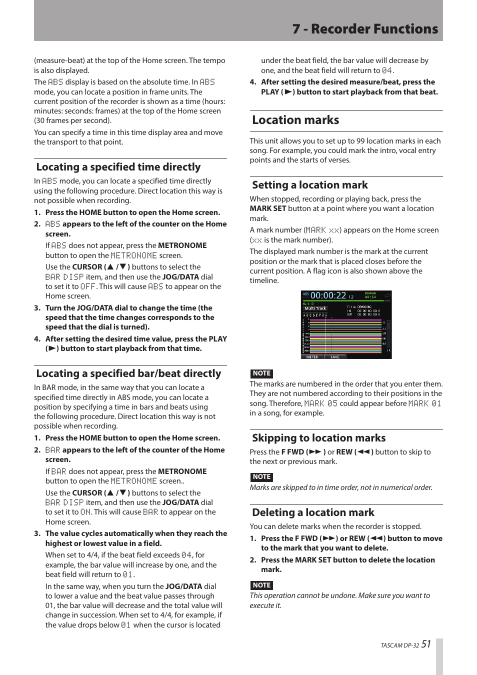 7 - recorder functions, Location marks, Locating a specified time directly | Locating a specified bar/beat directly, Setting a location mark, Skipping to location marks, Deleting a location mark | Teac DP-32 User Manual | Page 51 / 104