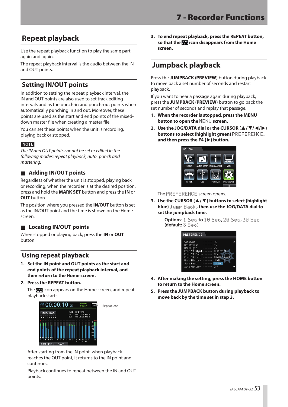 7 - recorder functions, Repeat playback, Jumpback playback | Setting in/out points, Using repeat playback | Teac DP-32 User Manual | Page 53 / 104