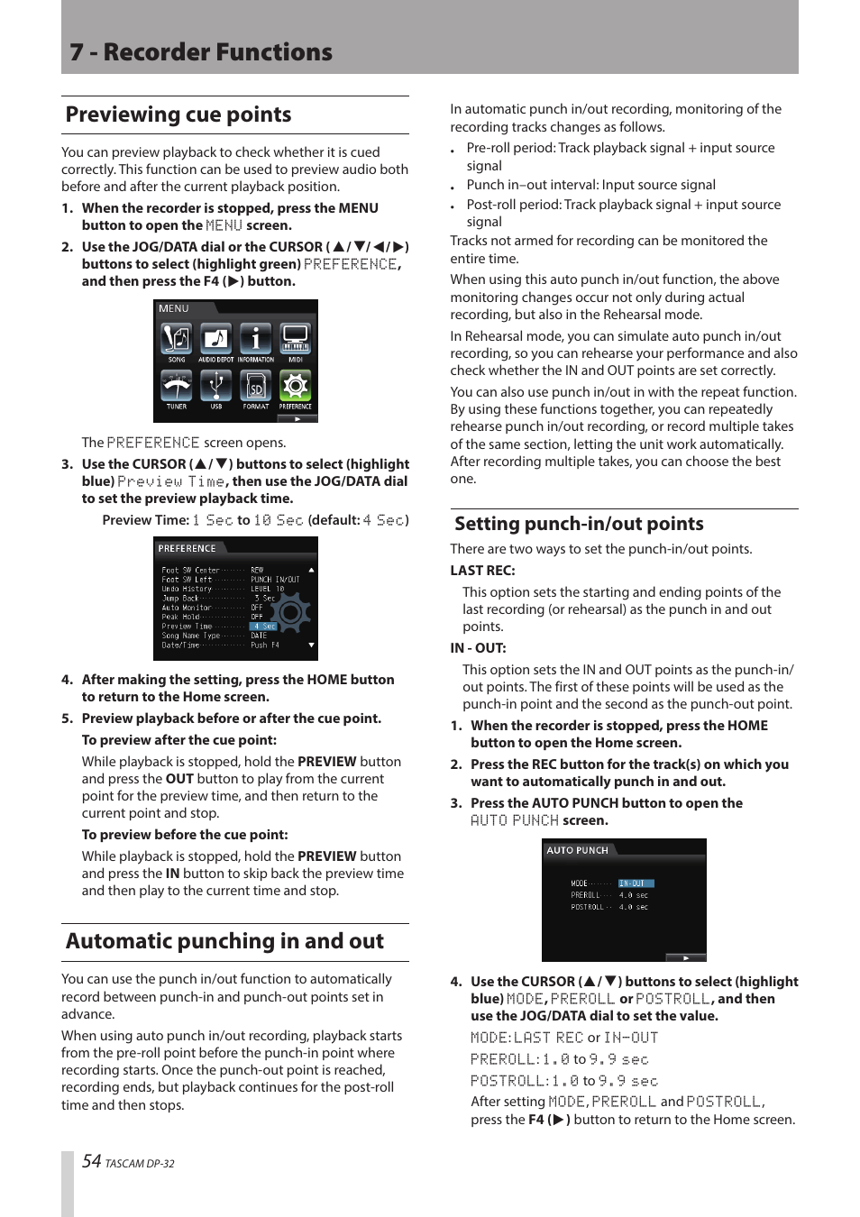 7 - recorder functions, Previewing cue points, Automatic punching in and out | Setting punch-in/out points | Teac DP-32 User Manual | Page 54 / 104