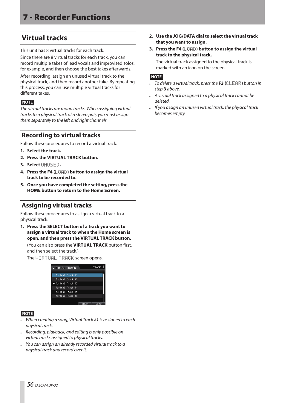 7 - recorder functions, Virtual tracks, Recording to virtual tracks | Assigning virtual tracks | Teac DP-32 User Manual | Page 56 / 104