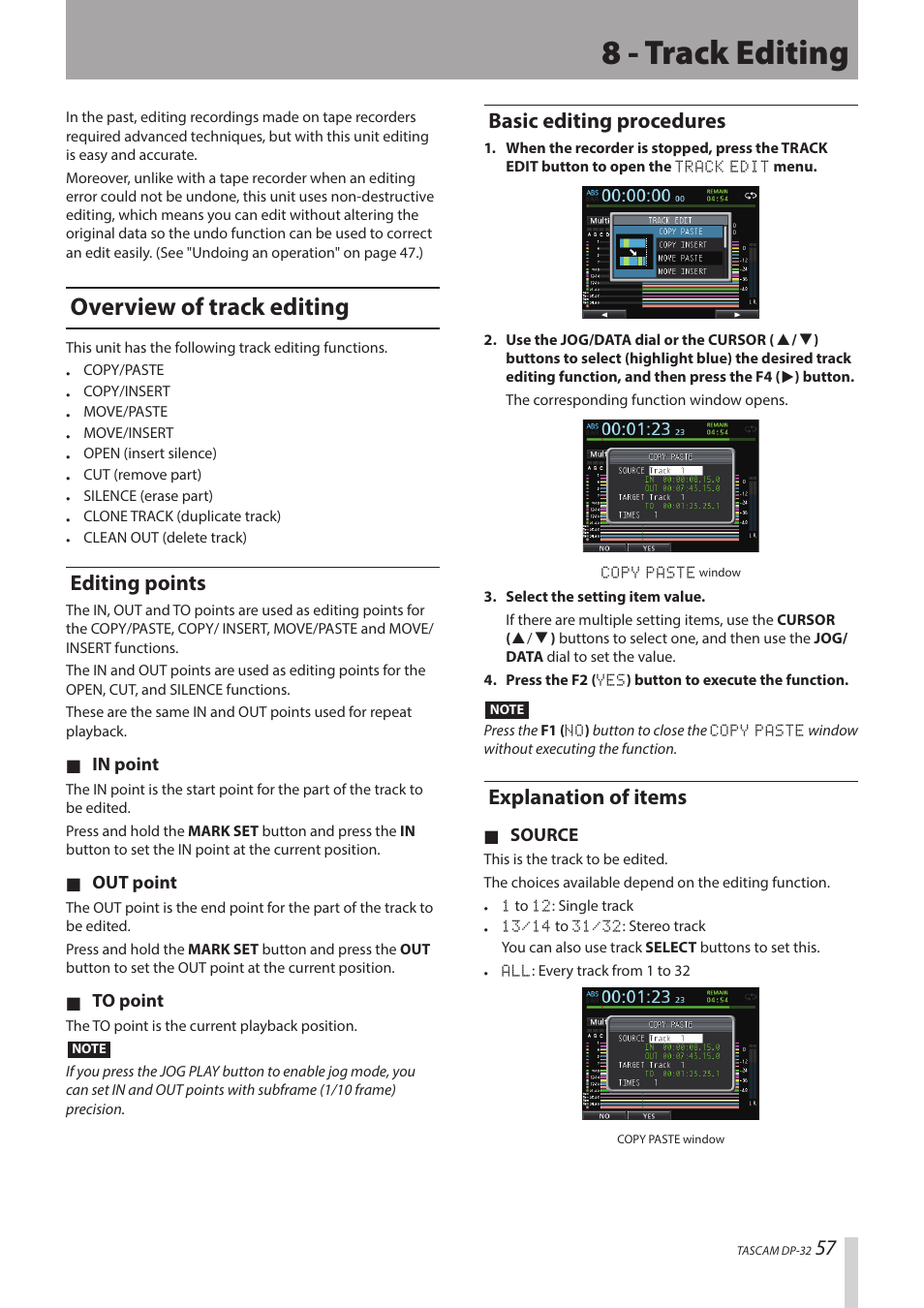 8 - track editing, Overview of track editing, Editing points | Basic editing procedures, Explanation of items | Teac DP-32 User Manual | Page 57 / 104