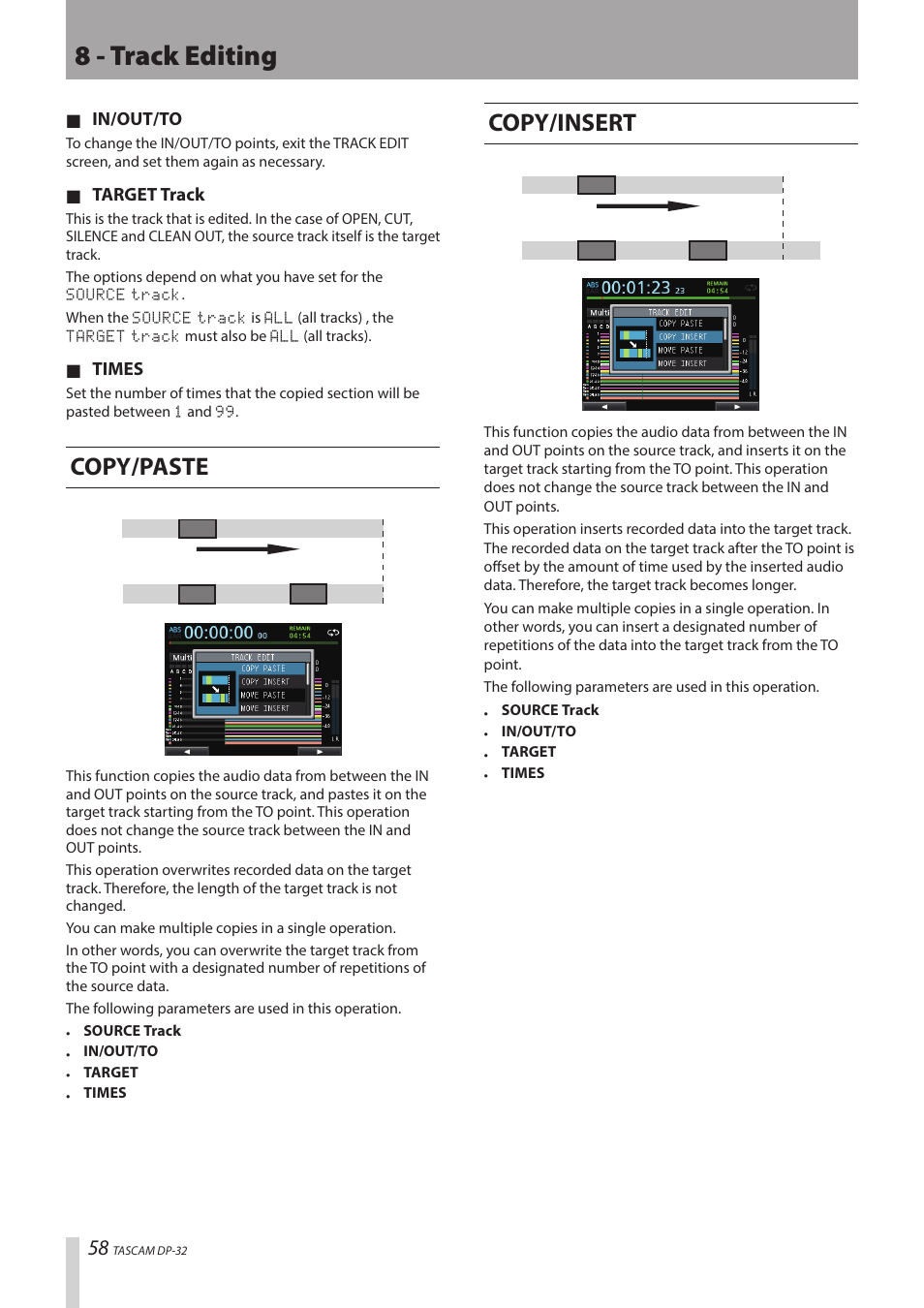 8 - track editing, Copy/paste, Copy/insert | Teac DP-32 User Manual | Page 58 / 104