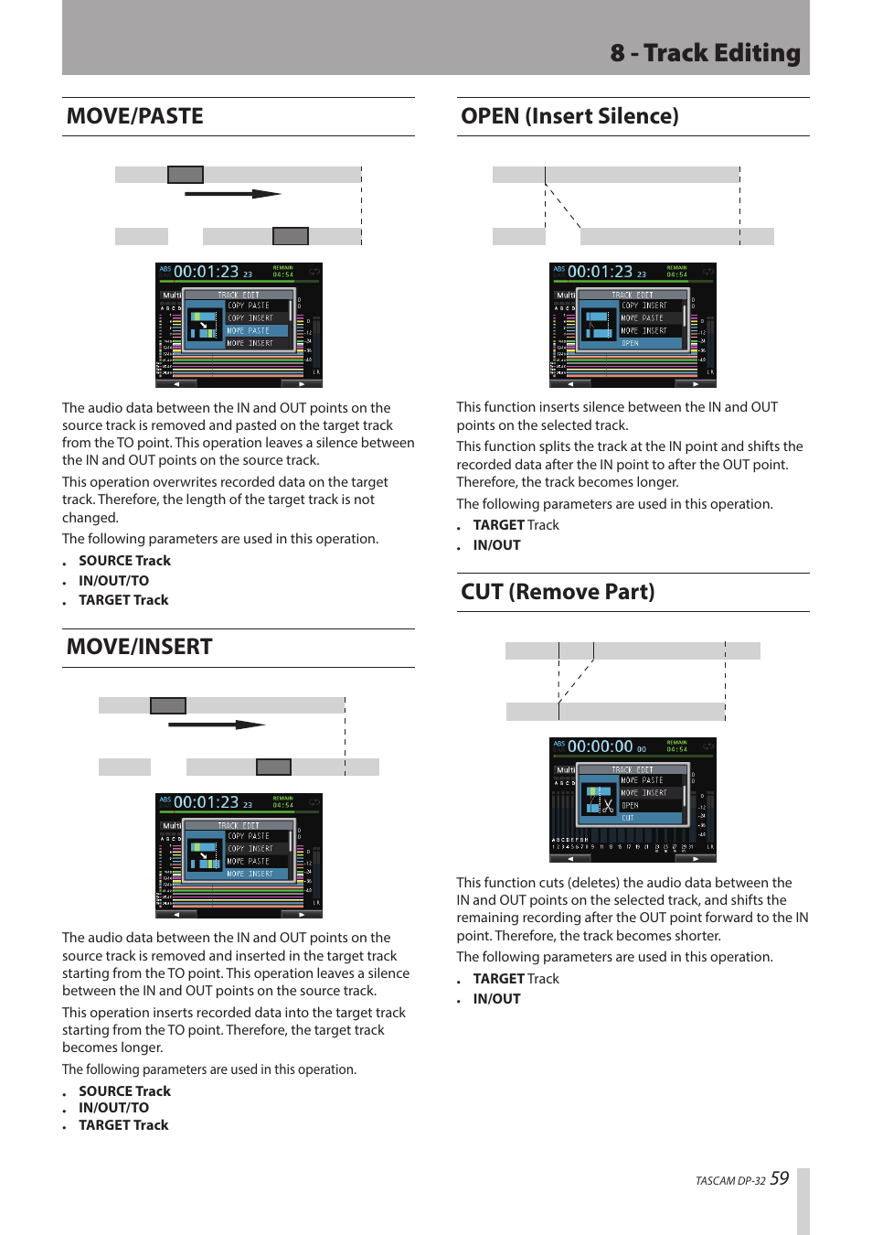 8 - track editing, Move/paste, Move/insert | Open (insert silence), Cut (remove part) | Teac DP-32 User Manual | Page 59 / 104