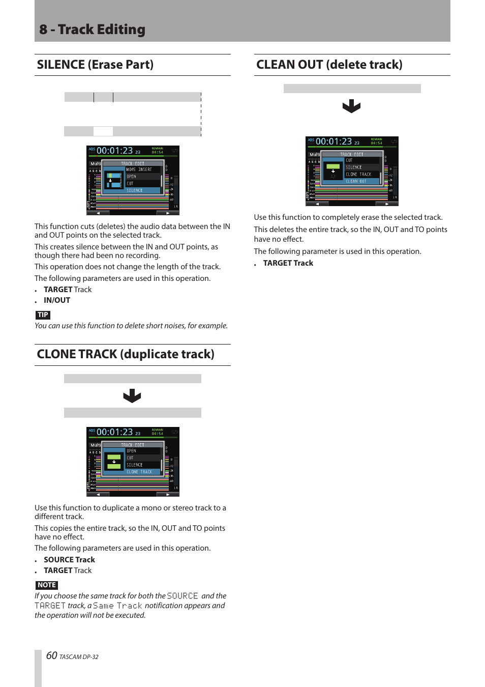 8 - track editing, Silence (erase part), Clone track (duplicate track) | Clean out (delete track) | Teac DP-32 User Manual | Page 60 / 104