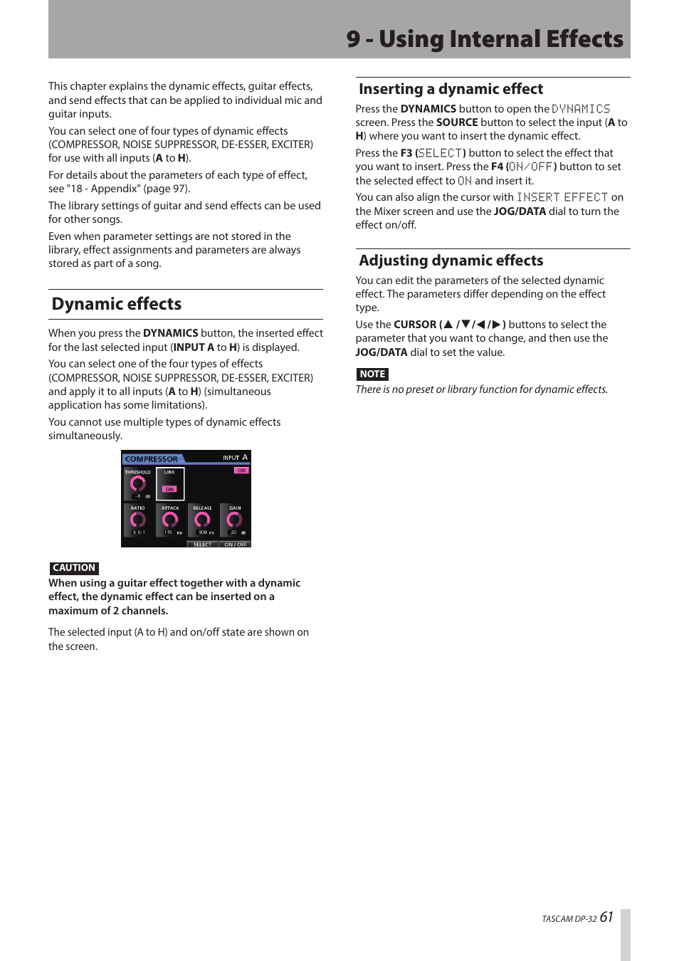 9 - using internal effects, Dynamic effects, Inserting a dynamic effect | Adjusting dynamic effects | Teac DP-32 User Manual | Page 61 / 104