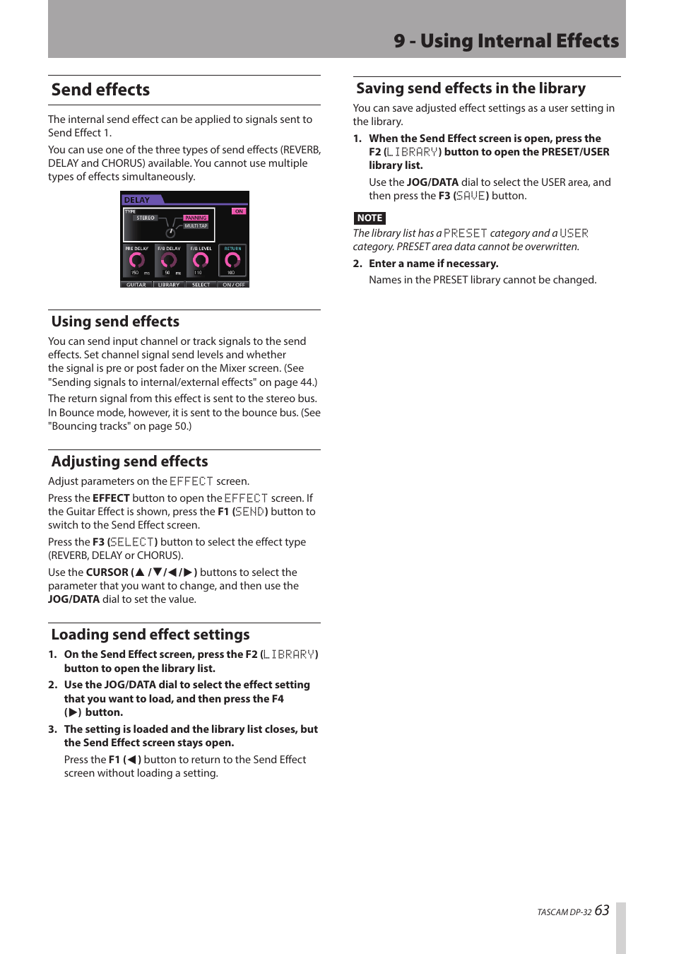 9 - using internal effects, Send effects, Using send effects | Adjusting send effects, Loading send effect settings, Saving send effects in the library | Teac DP-32 User Manual | Page 63 / 104