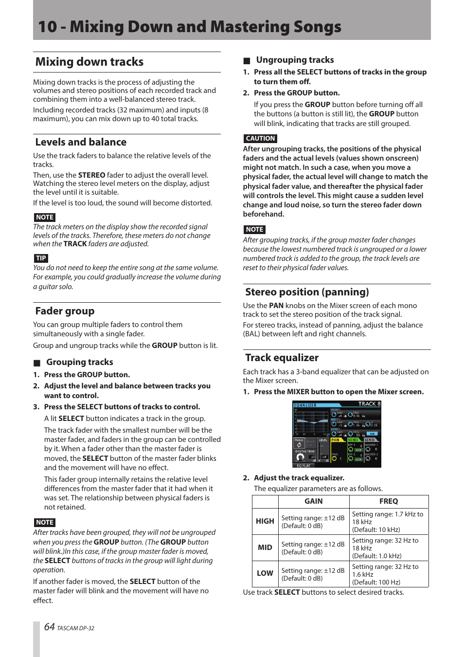 10 - mixing down and mastering songs, Mixing down tracks, Levels and balance | Fader group, Stereo position (panning), Track equalizer | Teac DP-32 User Manual | Page 64 / 104