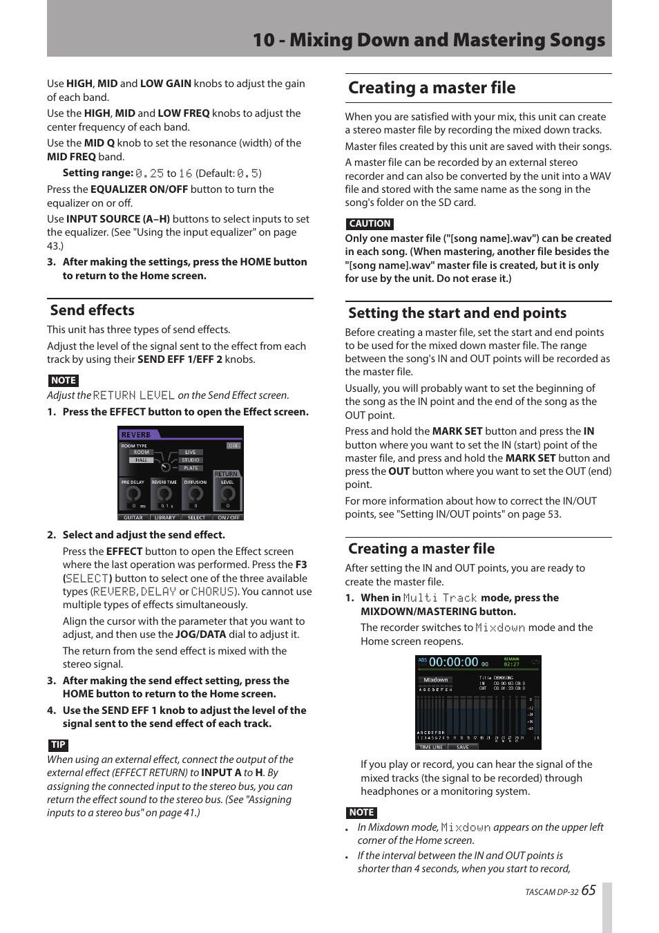 10 - mixing down and mastering songs, Creating a master file, Send effects | Setting the start and end points | Teac DP-32 User Manual | Page 65 / 104