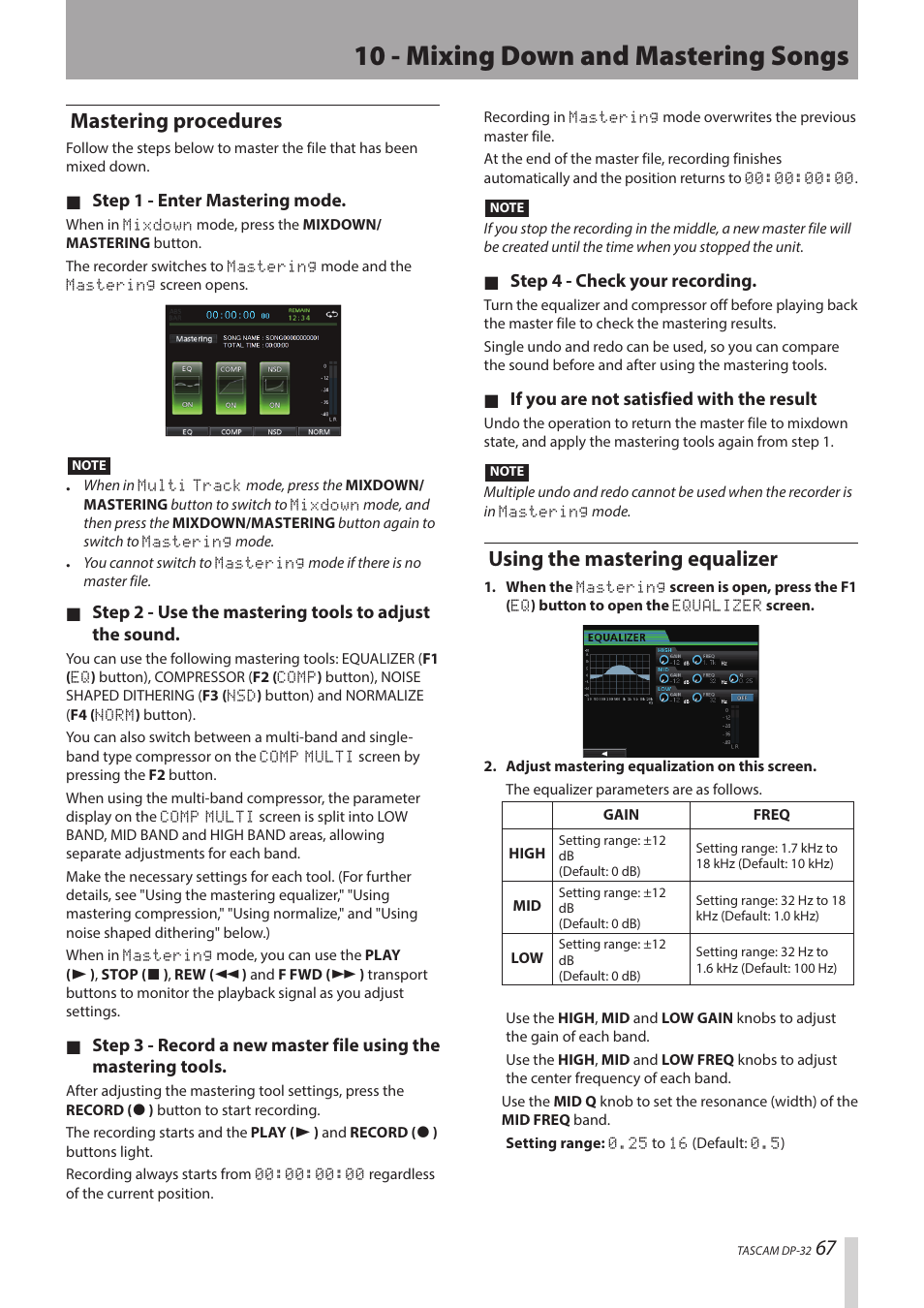 10 - mixing down and mastering songs, Mastering procedures, Using the mastering equalizer | Teac DP-32 User Manual | Page 67 / 104