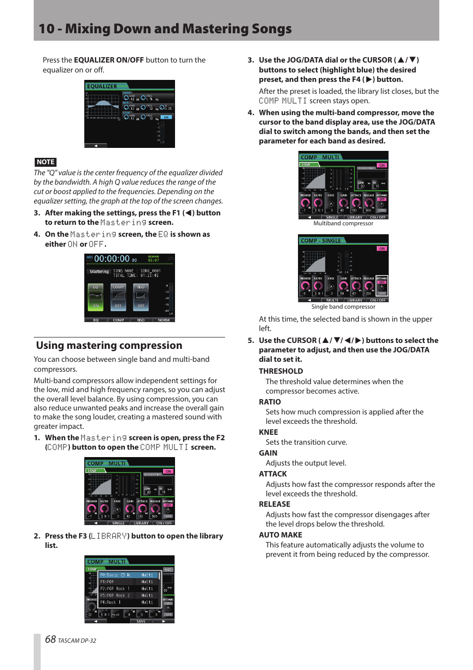 10 - mixing down and mastering songs, Using mastering compression | Teac DP-32 User Manual | Page 68 / 104