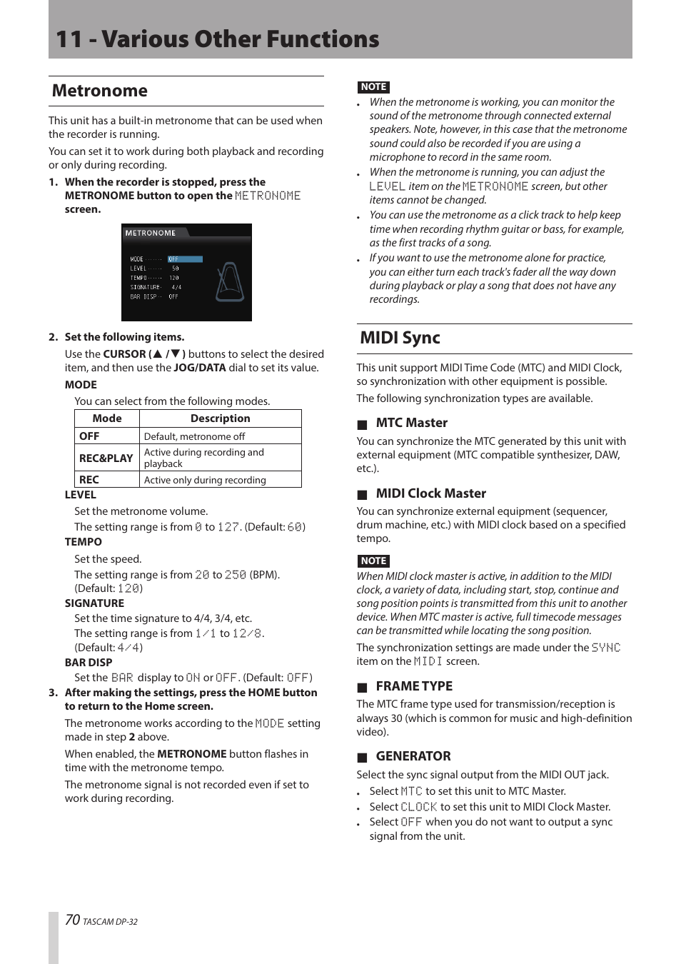 11 - various other functions, Metronome, Midi sync | Teac DP-32 User Manual | Page 70 / 104