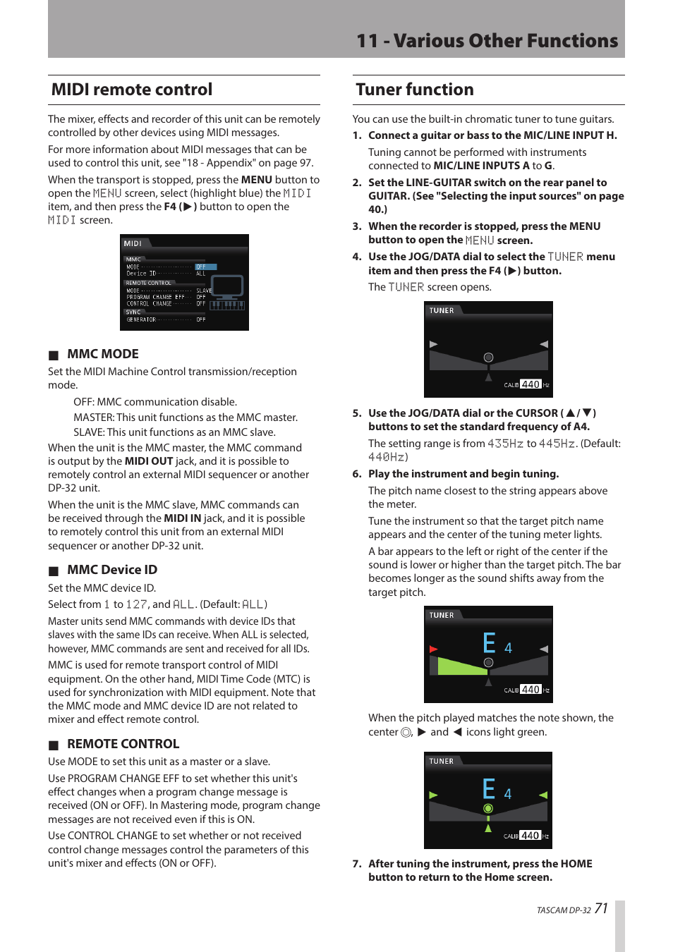 11 - various other functions, Midi remote control, Tuner function | Teac DP-32 User Manual | Page 71 / 104