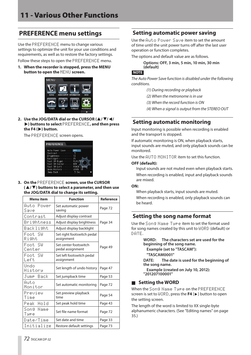 11 - various other functions, Preference menu settings, Setting automatic power saving | Setting automatic monitoring, Setting the song name format, ª setting the word | Teac DP-32 User Manual | Page 72 / 104