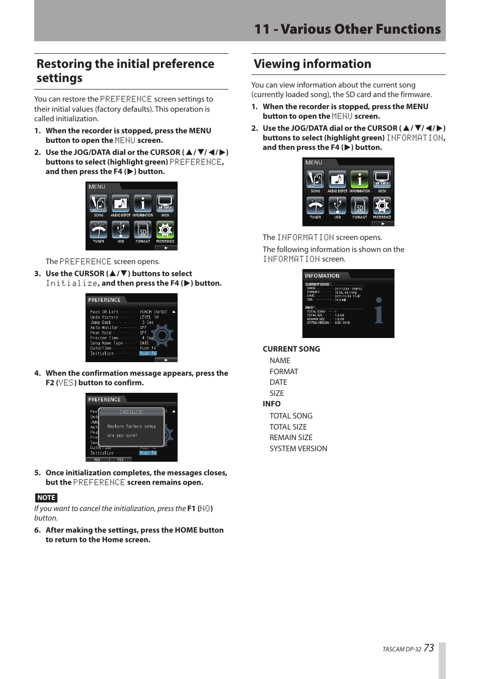 11 - various other functions, Restoring the initial preference settings, Viewing information | Teac DP-32 User Manual | Page 73 / 104