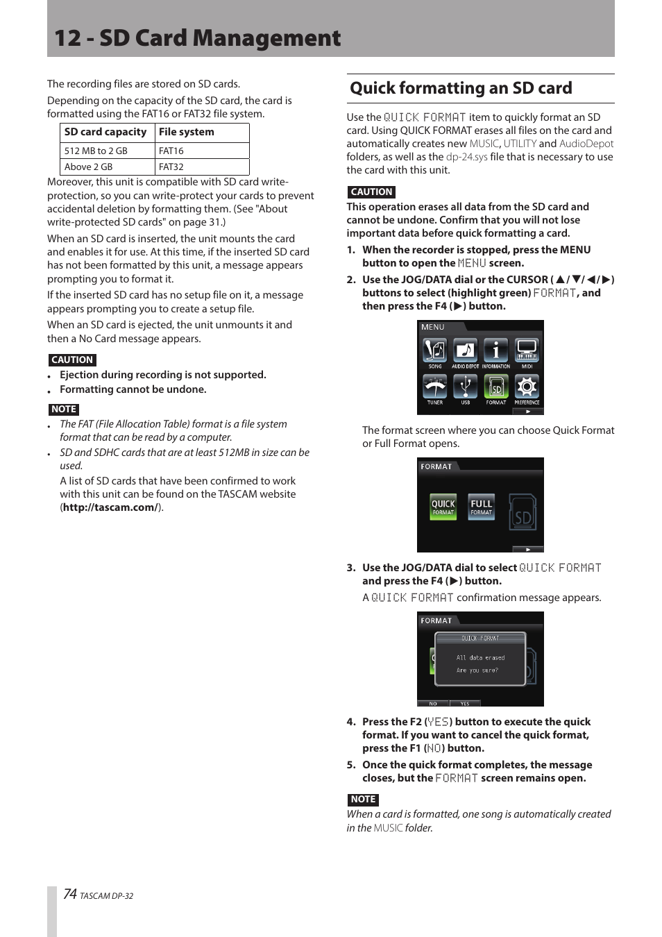 12 - sd card management, Quick formatting an sd card | Teac DP-32 User Manual | Page 74 / 104