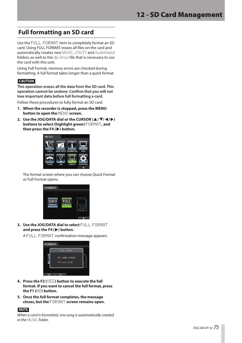 12 - sd card management, Full formatting an sd card | Teac DP-32 User Manual | Page 75 / 104