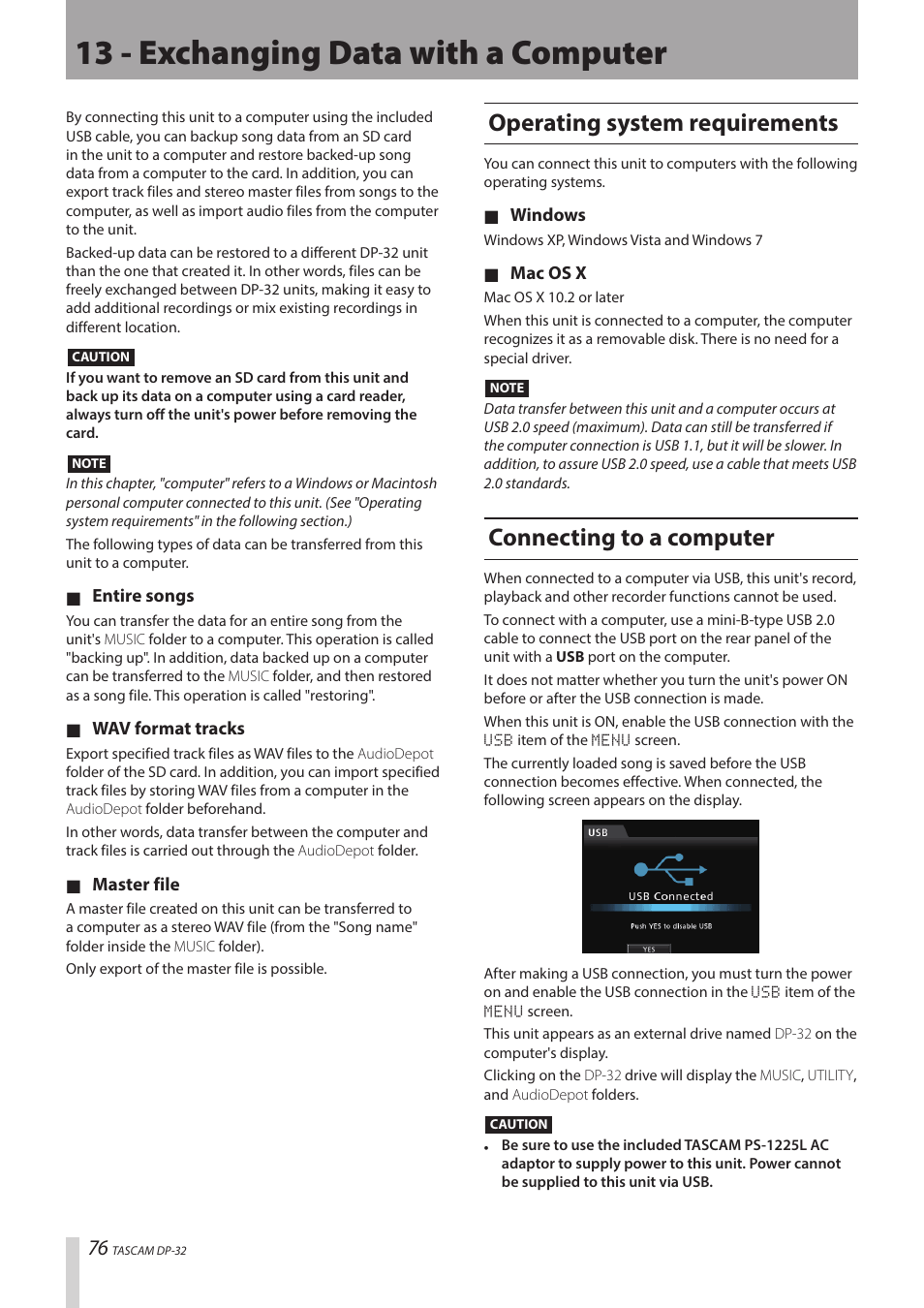 13 - exchanging data with a computer, Operating system requirements, Connecting to a computer | Teac DP-32 User Manual | Page 76 / 104