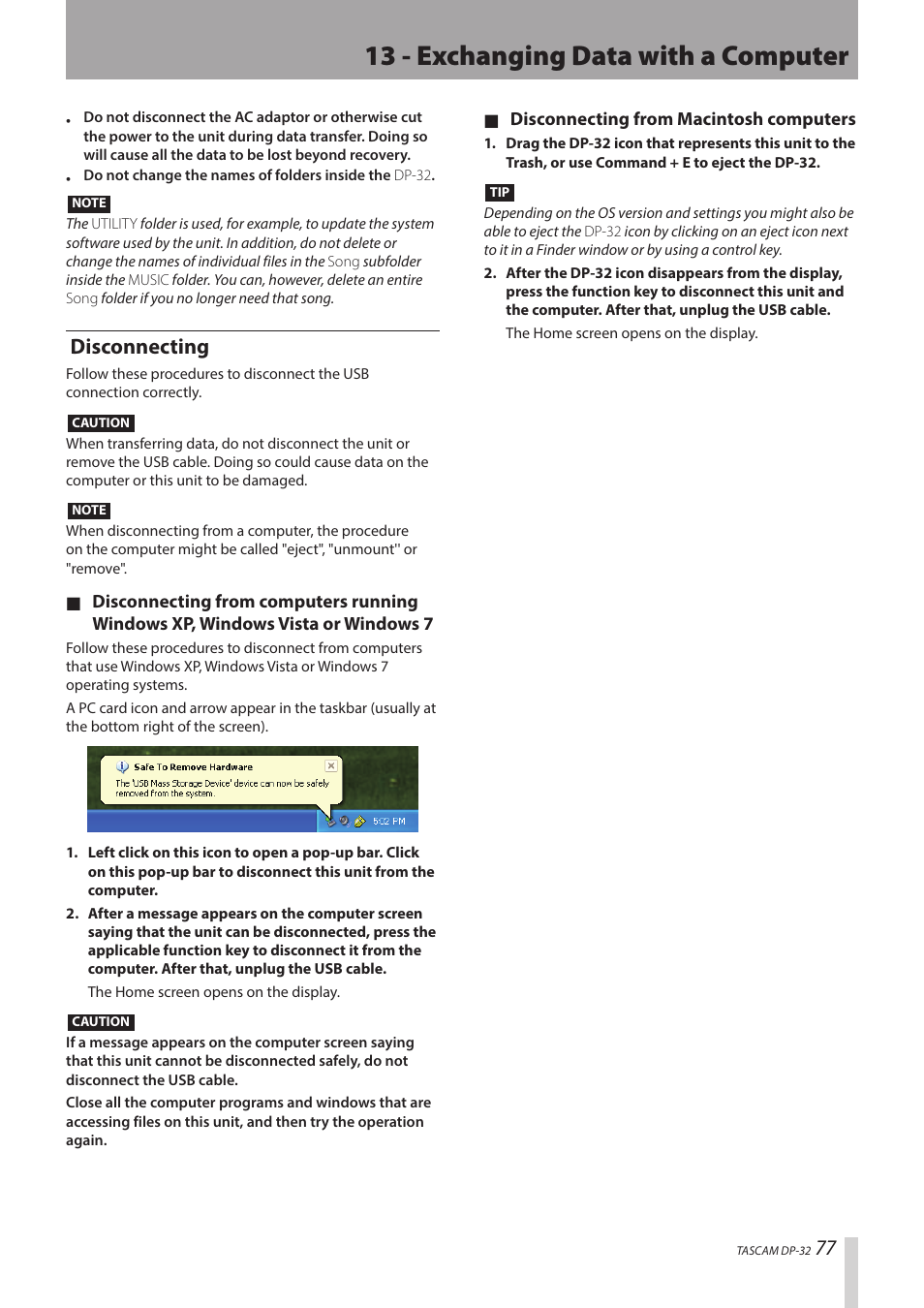 13 - exchanging data with a computer, Disconnecting | Teac DP-32 User Manual | Page 77 / 104