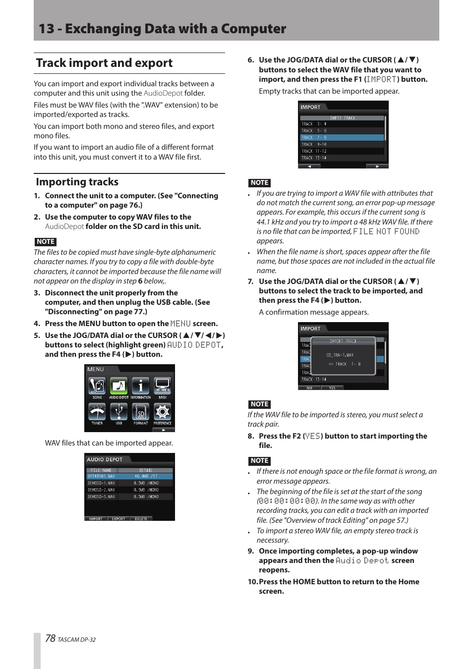 13 - exchanging data with a computer, Track import and export, Importing tracks | Teac DP-32 User Manual | Page 78 / 104