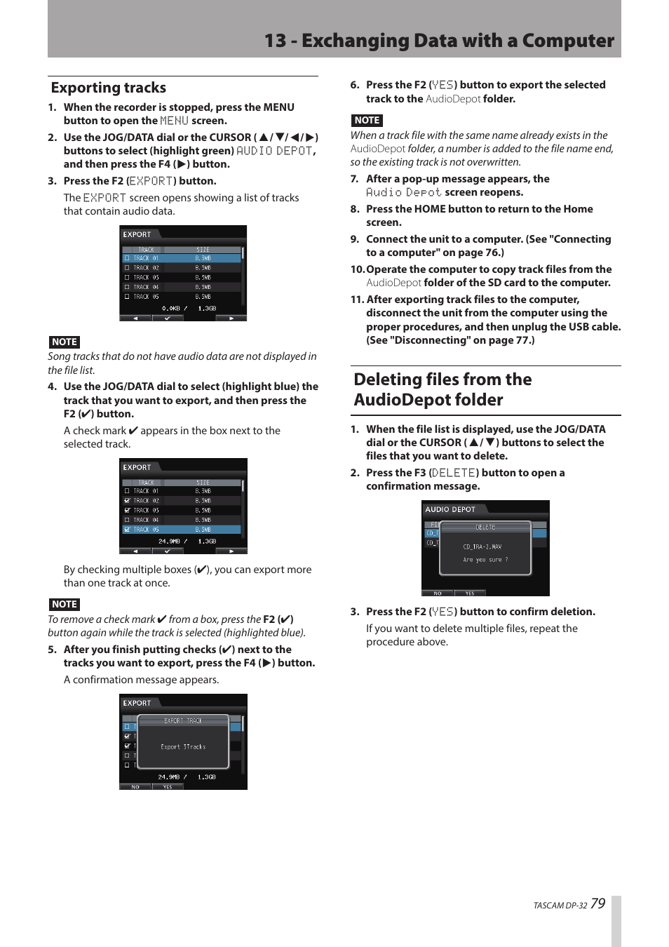 13 - exchanging data with a computer, Deleting files from the audiodepot folder, Exporting tracks | Teac DP-32 User Manual | Page 79 / 104