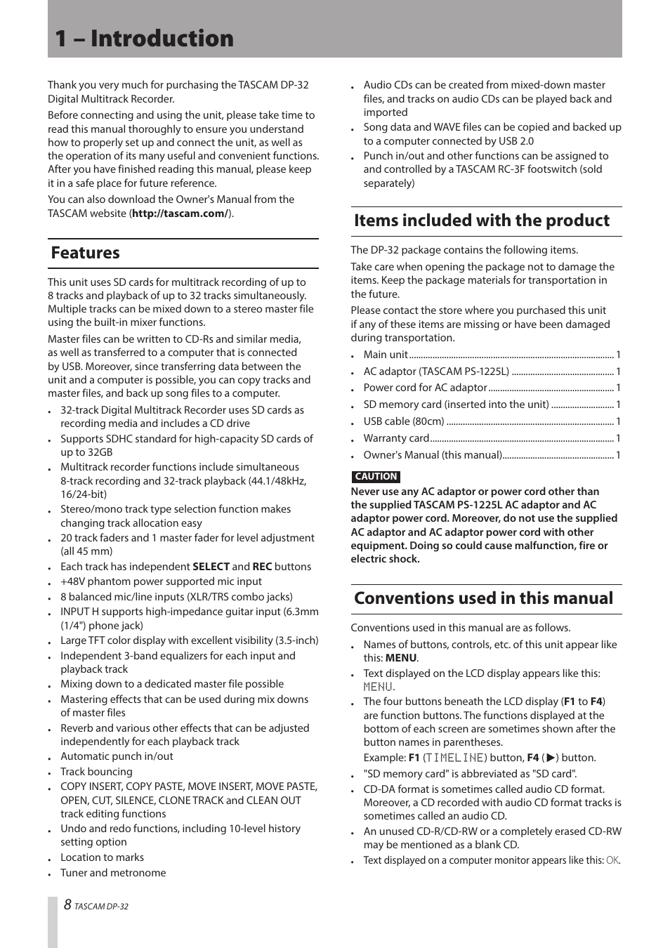 1 – introduction, Features, Items included with the product | Conventions used in this manual | Teac DP-32 User Manual | Page 8 / 104