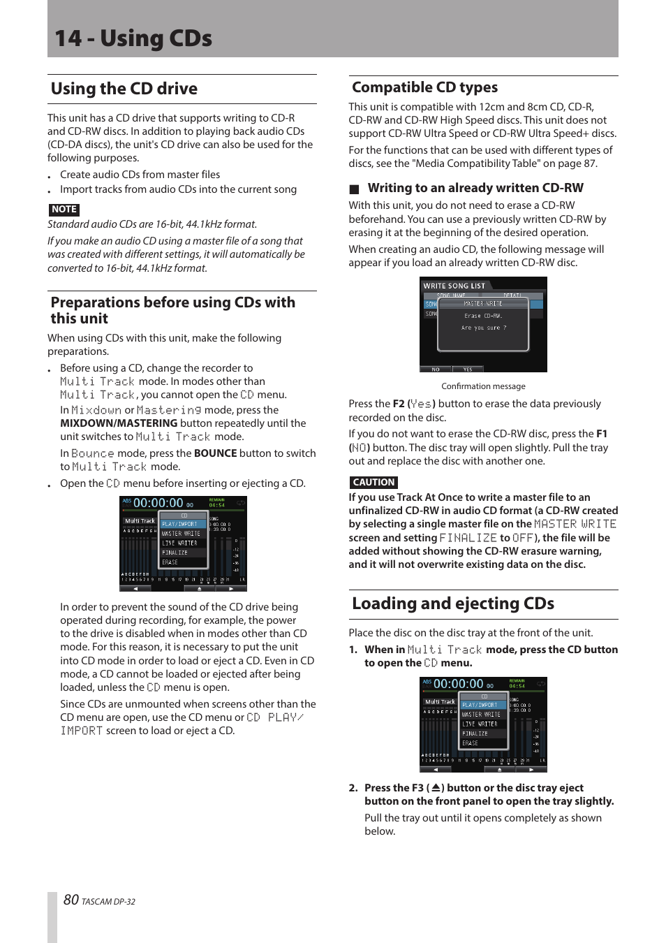 14 - using cds, Using the cd drive, Loading and ejecting cds | Preparations before using cds with this unit, Compatible cd types | Teac DP-32 User Manual | Page 80 / 104