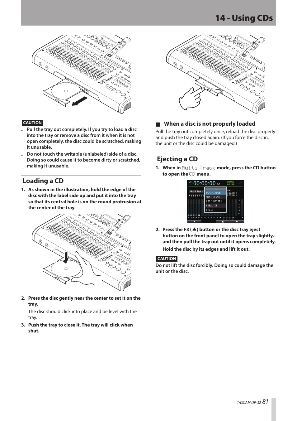 14 - using cds, Loading a cd, Ejecting a cd | Teac DP-32 User Manual | Page 81 / 104