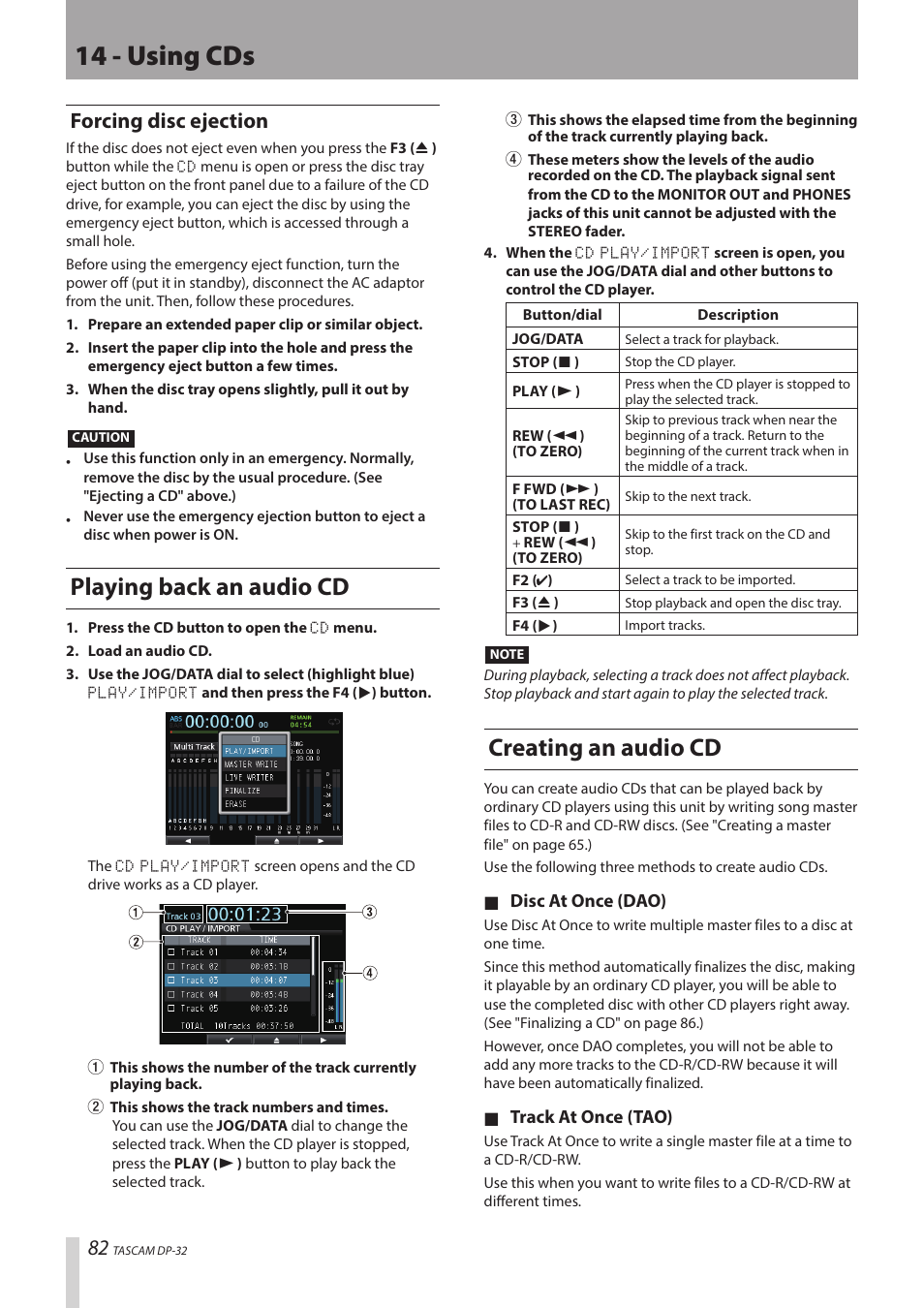 14 - using cds, Playing back an audio cd, Creating an audio cd | Forcing disc ejection | Teac DP-32 User Manual | Page 82 / 104