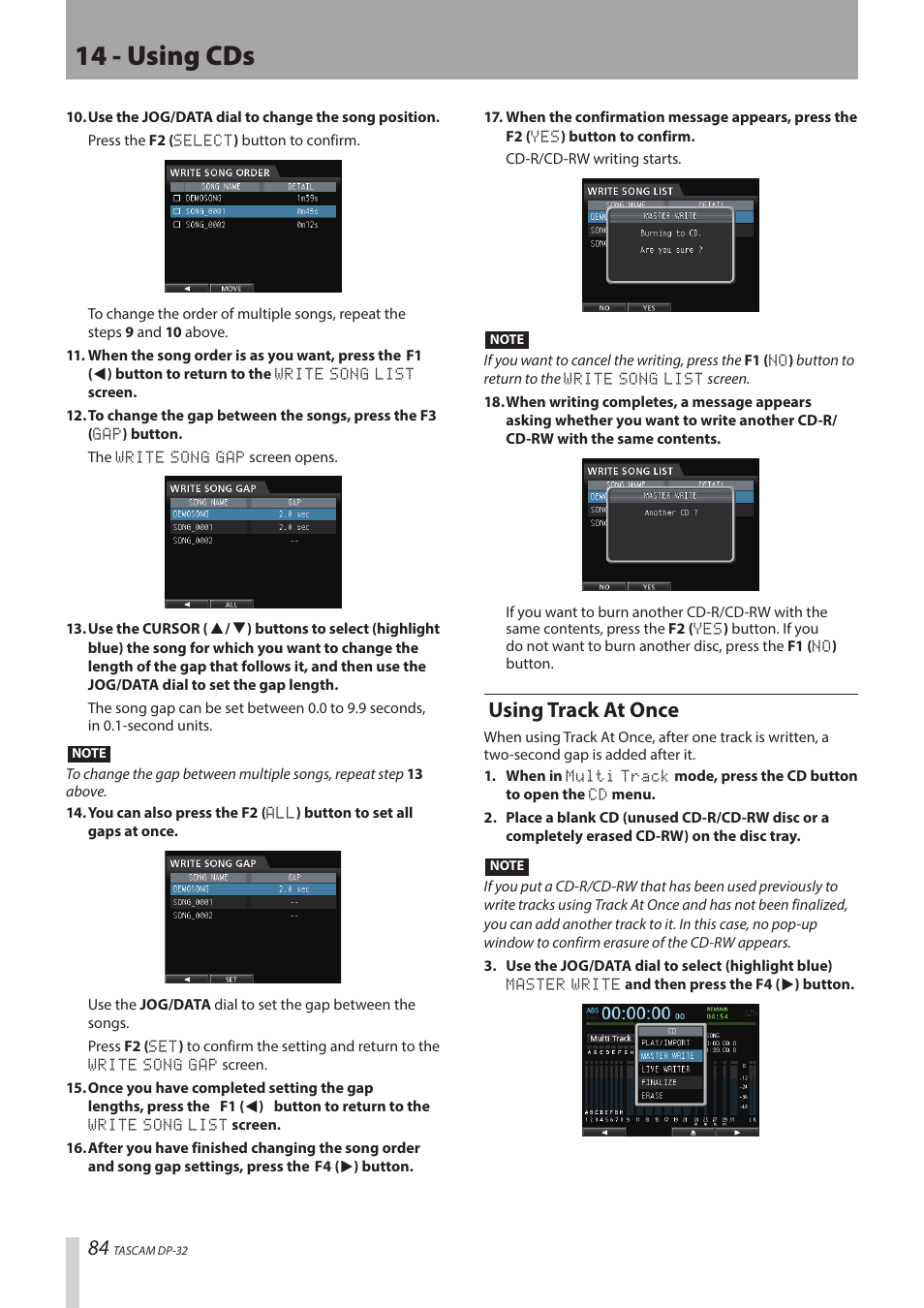 14 - using cds, Using track at once | Teac DP-32 User Manual | Page 84 / 104