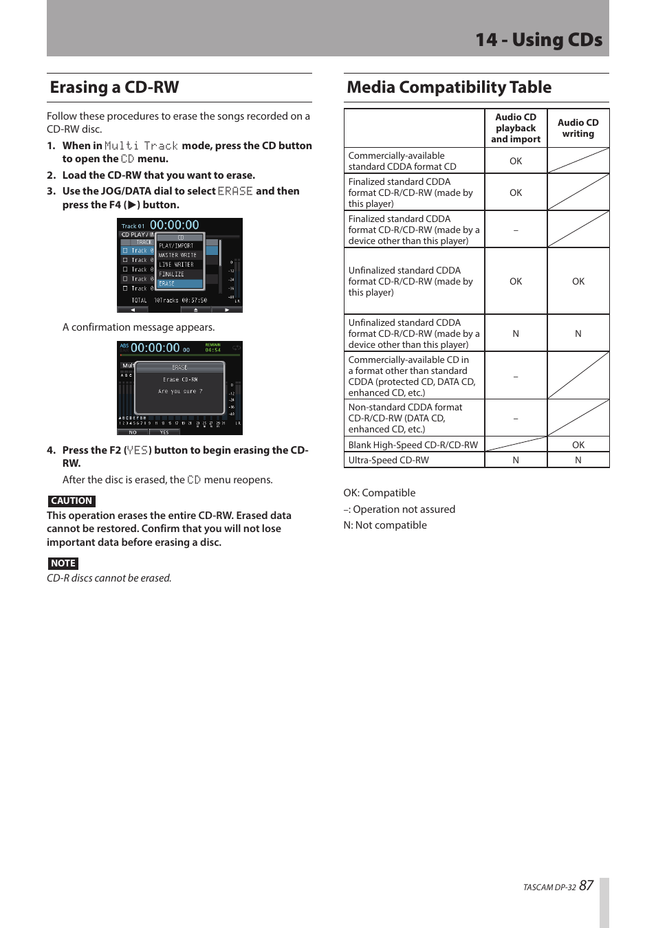 14 - using cds, Erasing a cd-rw, Media compatibility table | Teac DP-32 User Manual | Page 87 / 104