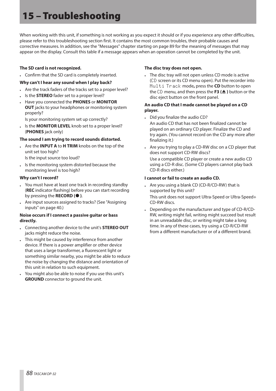 15 – troubleshooting | Teac DP-32 User Manual | Page 88 / 104